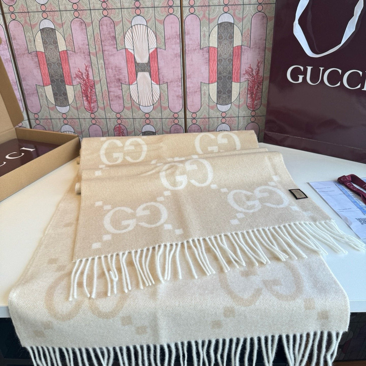 Gucci Beige Cream GG Fringe Scarf