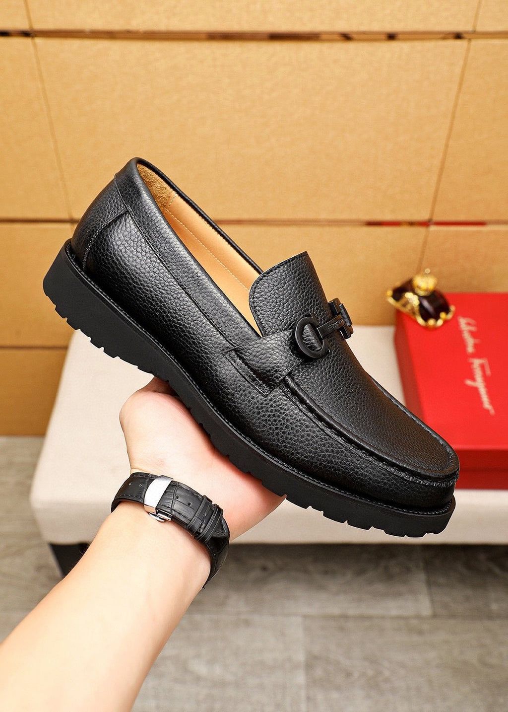 Ferragamo Pebble-Grain Buckle Slip-On Shoes