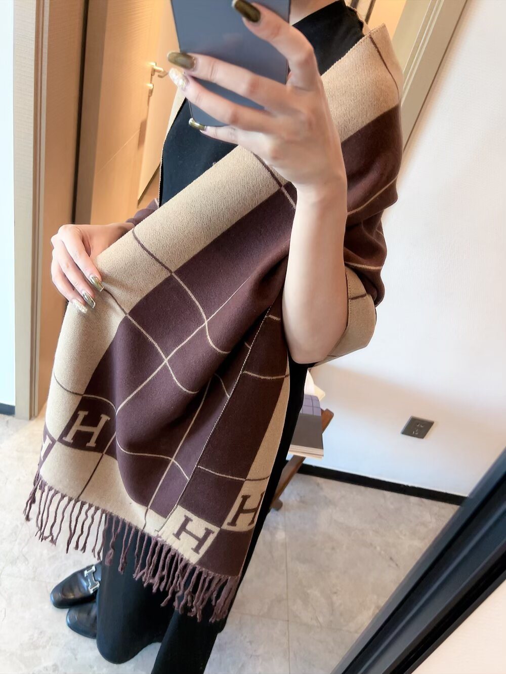Hermes Fringed Grid Motif Scarf